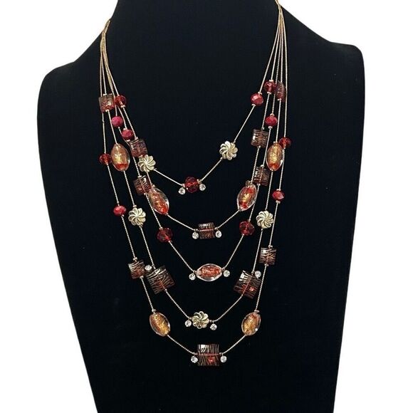 Vtg Layered Necklace Red Crystal & Art Glass Beads 5-Strand Silver-tone Chain - Picture 5 of 11